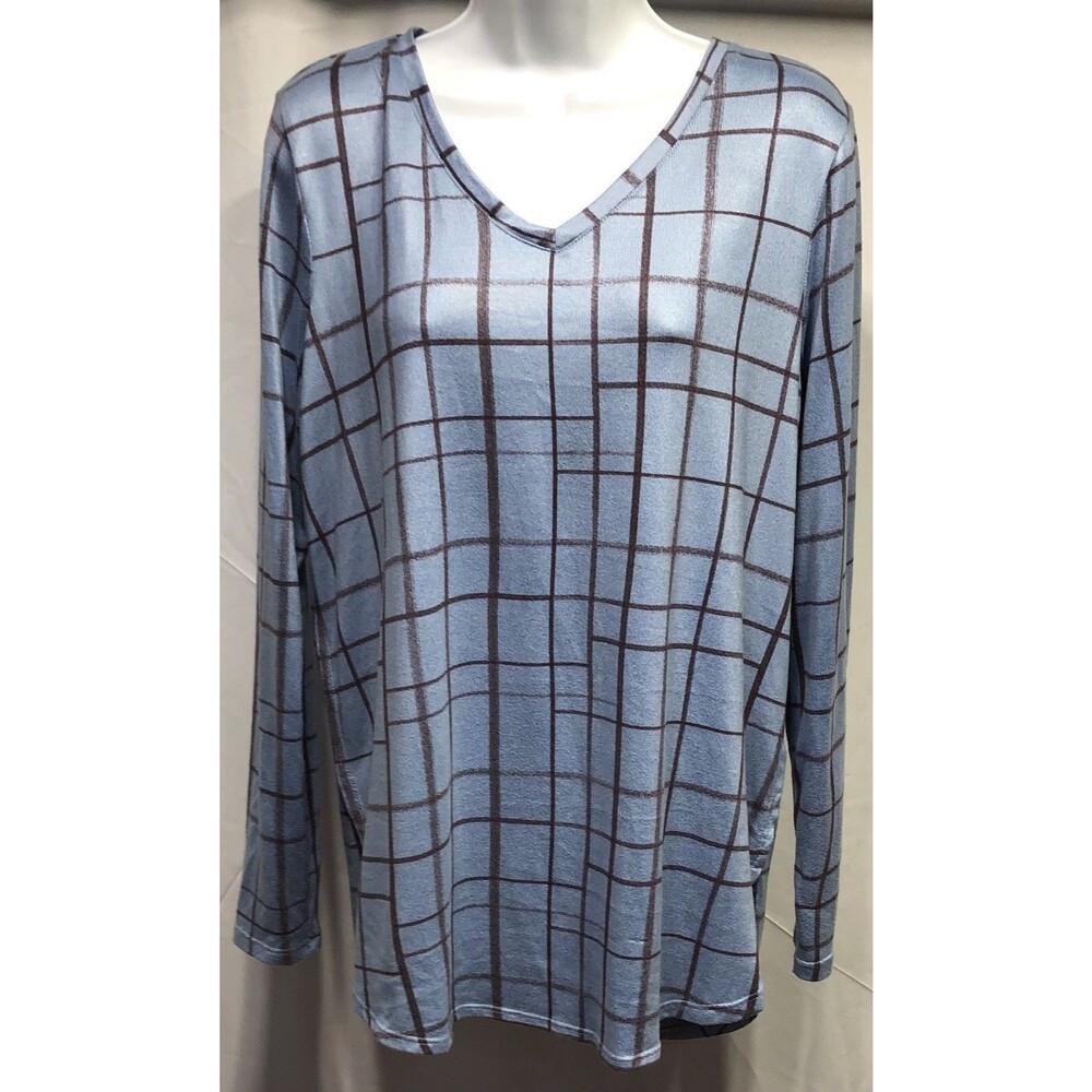 Apt 9 Sweater L Blue Plaid Stripe V-Neck Jersey Hi Lo Hem Soft Knit Cottage